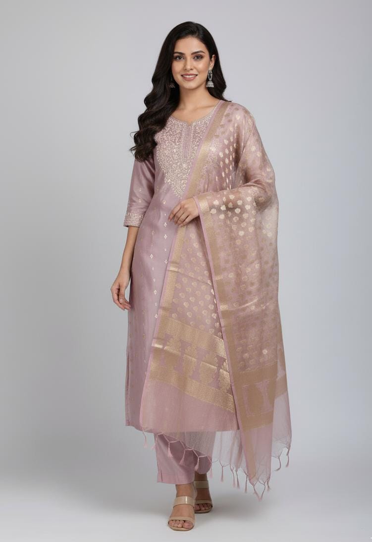 TISSUE UNSTITCH SUIT ,HIGHLIGHT WITH ZARI MACHINE EMBROIDERY