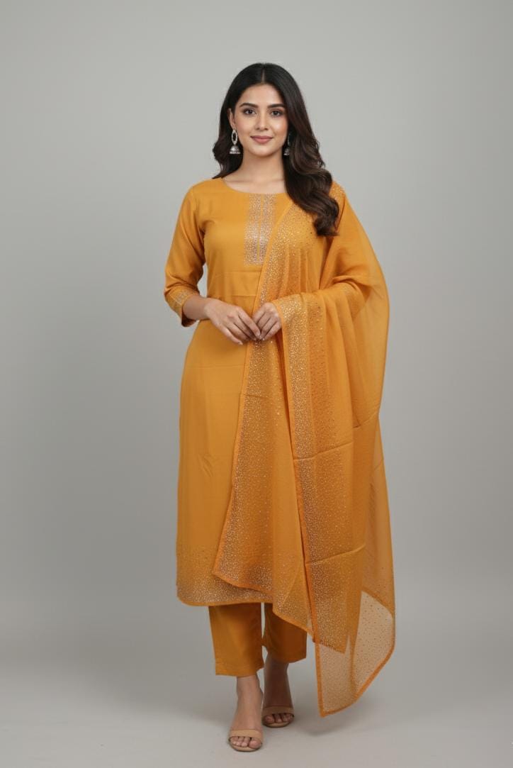 SATIN UNSTITCH SUIT HIGHLIGHT WITH STONE WORK