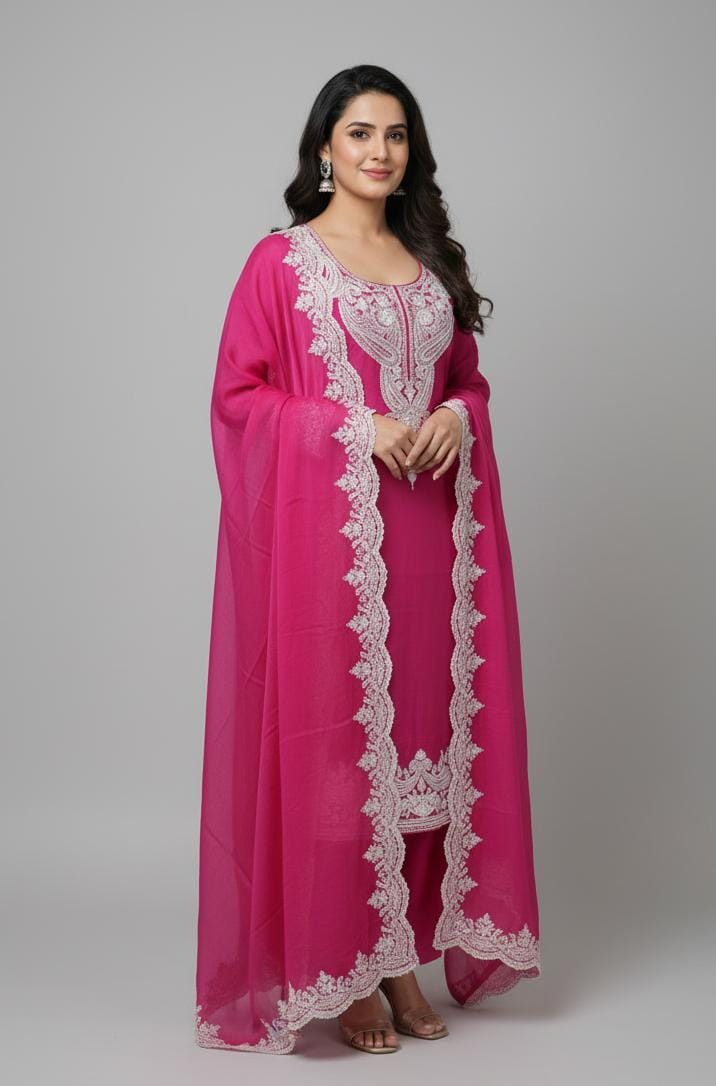 CHANDERI UNSTITCH SUIT WITH CORDWORK YOKE