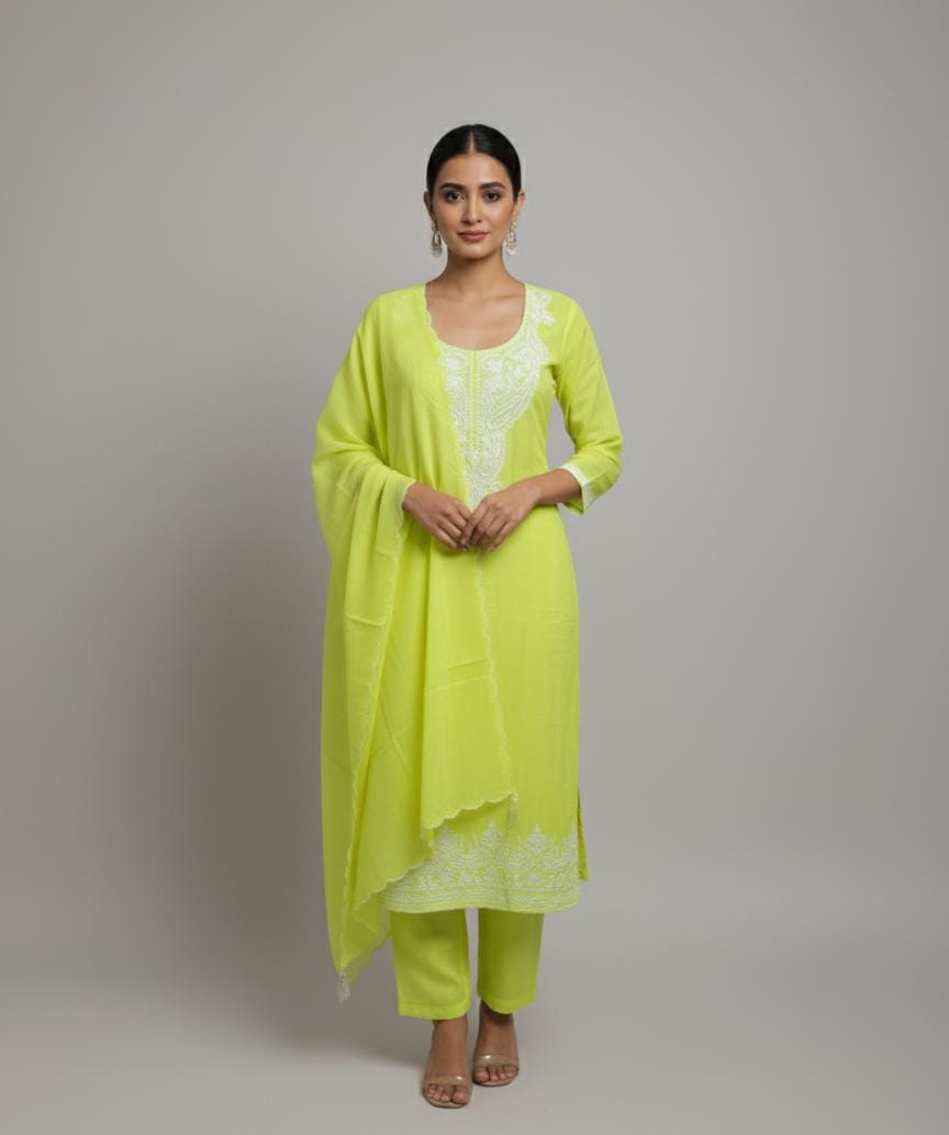 CHANDERI UNSTITCH SUIT WITH CORDWORK YOKE