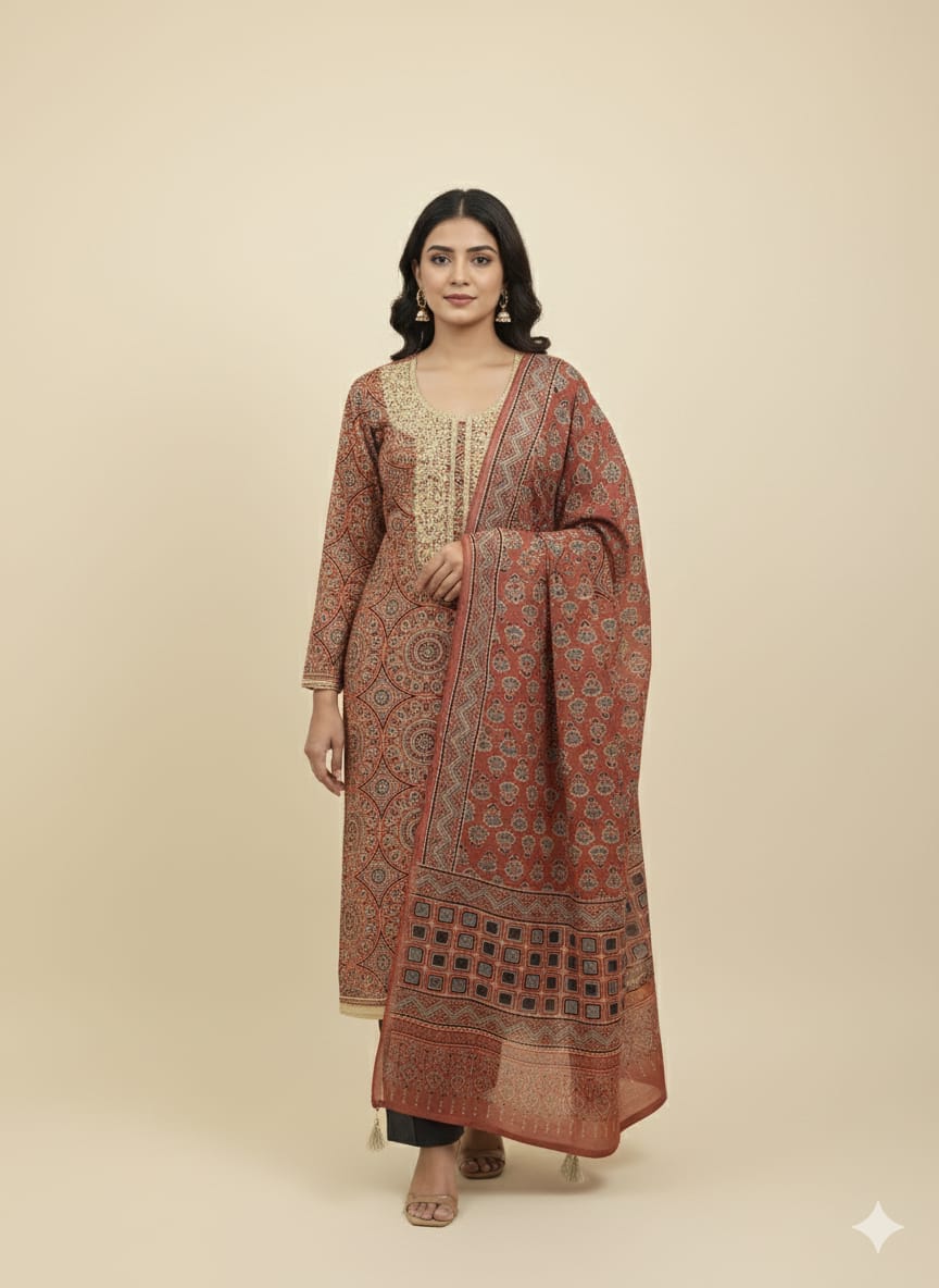 CHANDERI AJRAKH UNSTITCH SUIT HIGHLIGHT WITH ZARI EMBROIDERY