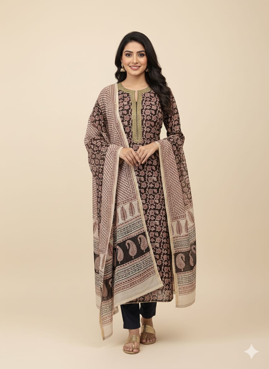 CHANDERI DABBU PRINT UNSTITCH SUIT HIGHLIGHT WITH ZARI EMBROIDERY