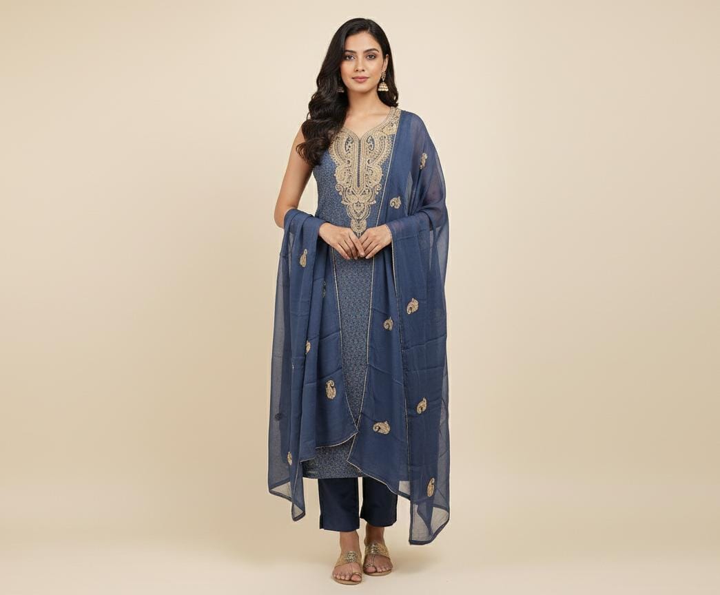 MODAL SATIN PRINTED  UNSTITCH SUIT HIGHLIGHT WITH ZARI EMBROIDERY