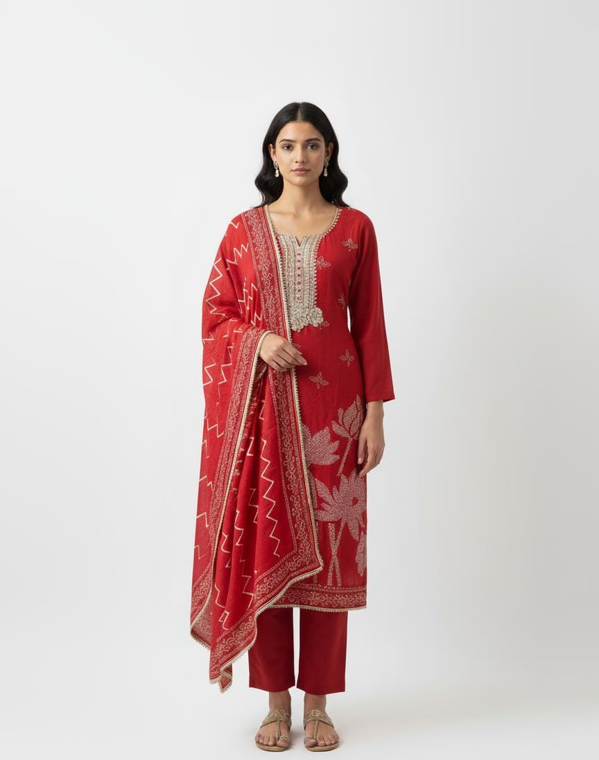 SATIN SILK UNSTITCH SUIT HIGHLIGHT WITH ZARI EMBROIDERY