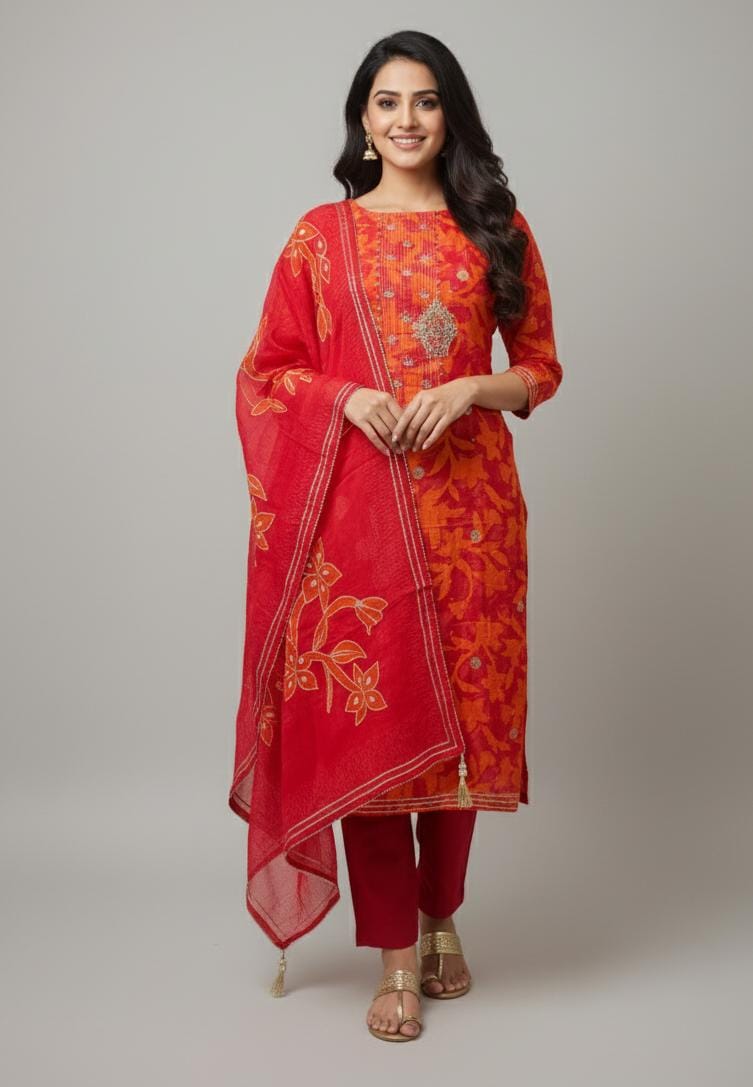 SEMI SILK UNSTITCH SUIT HIGHLIGHT WITH HAND EMBROIDERY