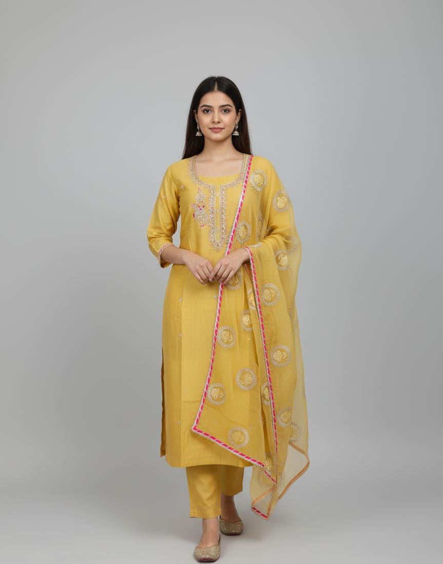 CHANDERI UNSTITCH SUIT HIGHLIGHT WITH HAND EMBROIDERY