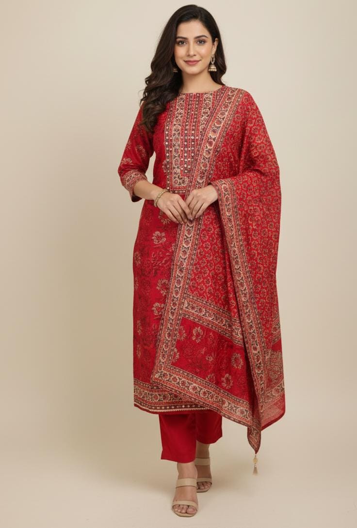 MUSLIN UNSTITCH SUIT HIGHLIGHT WITH MIRROR WORK