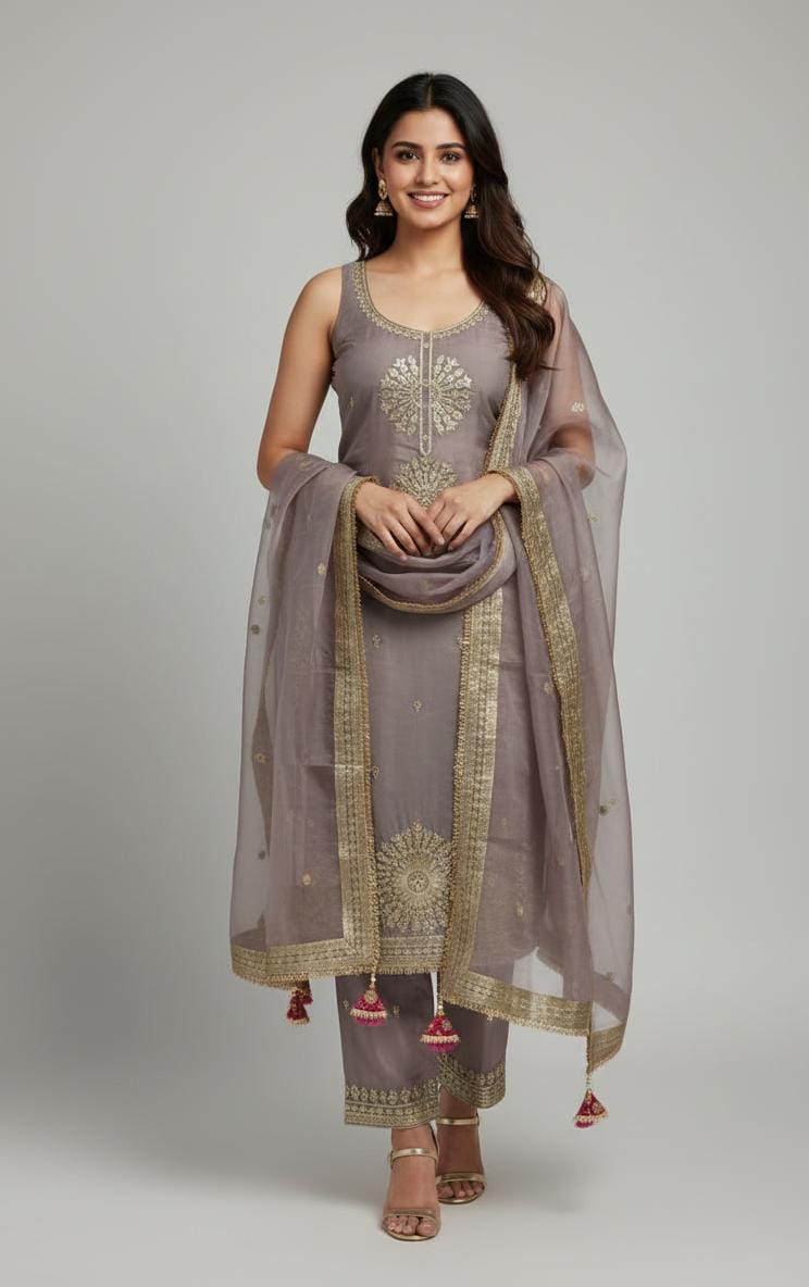 TISSUE UNSTITCH SUIT ADORNED WITH  MACHINE AND BEAD WORK