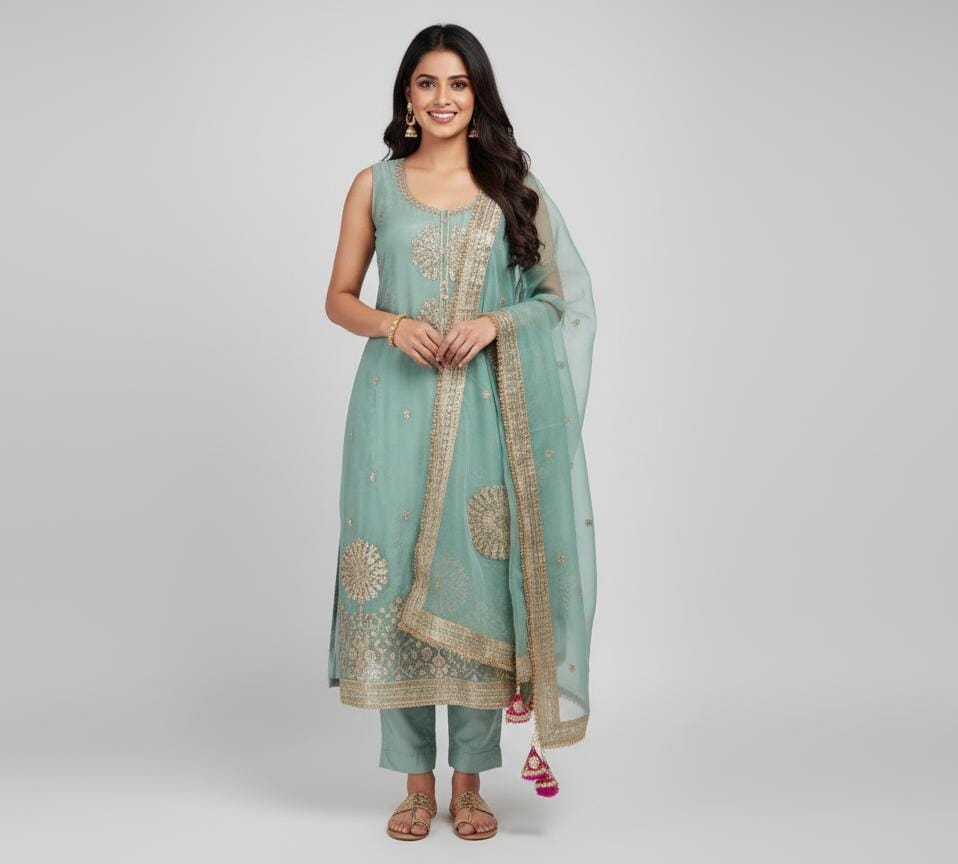 TISSUE UNSTITCH SUIT ADORNED WITH  MACHINE AND BEAD WORK