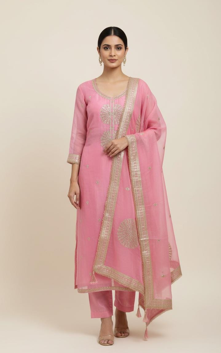 TISSUE UNSTITCH SUIT ADORNED WITH  MACHINE AND BEAD WORK