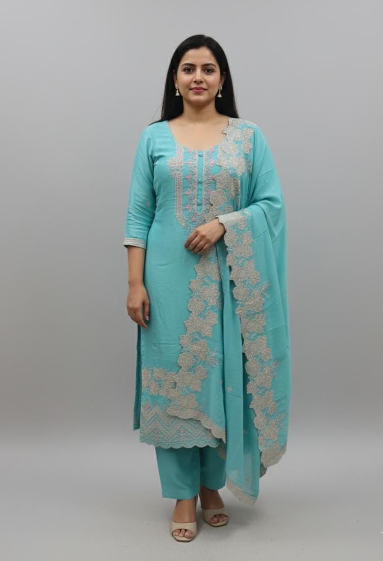 TISSUE UNSTITCH SUIT HIGHLIGHT  WITH PRESTUCTURE STONE WORK NECK