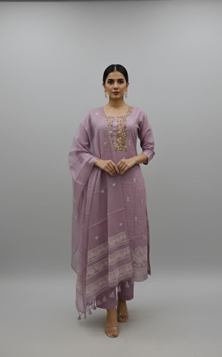 CHANDERI SUIT HIGHLIGHT WITH DHAKAI RESHAM HAND EMBROIDERY