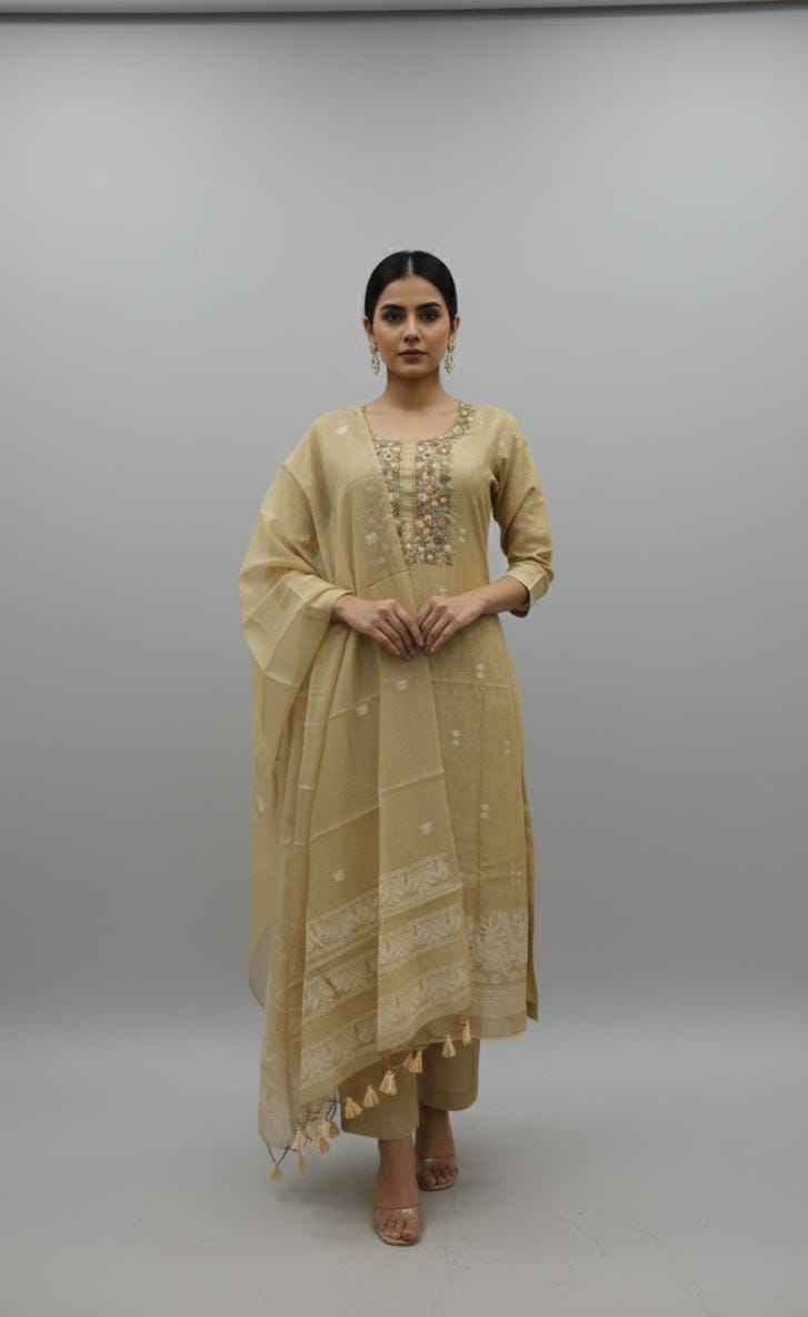 CHANDERI SUIT HIGHLIGHT WITH DHAKAI RESHAM HAND EMBROIDERY