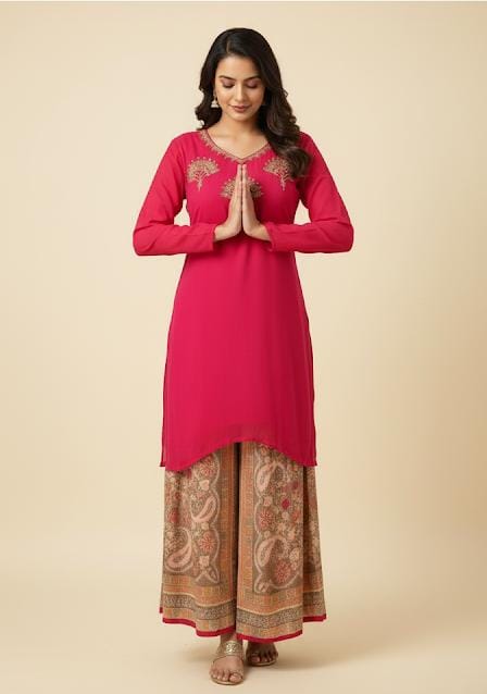 CHINNON KURTI WITH PRINTED FLARED PANTS