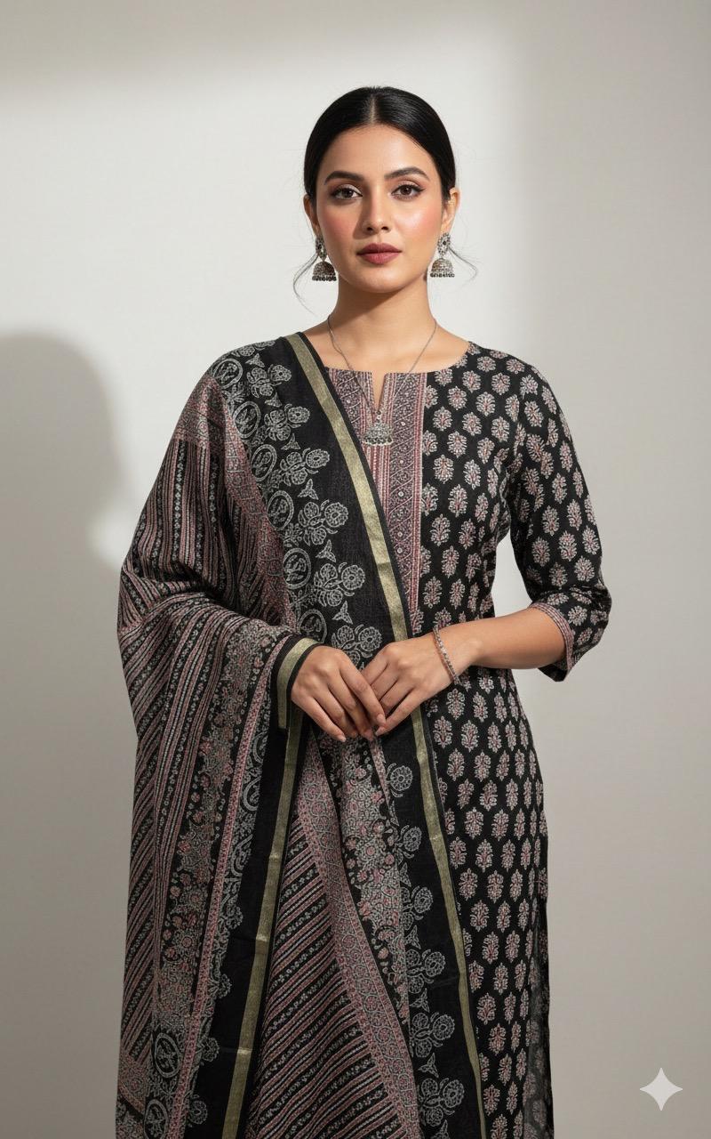 BLACK  BLOCK PRINT COTTON UNSTITCH SUIT