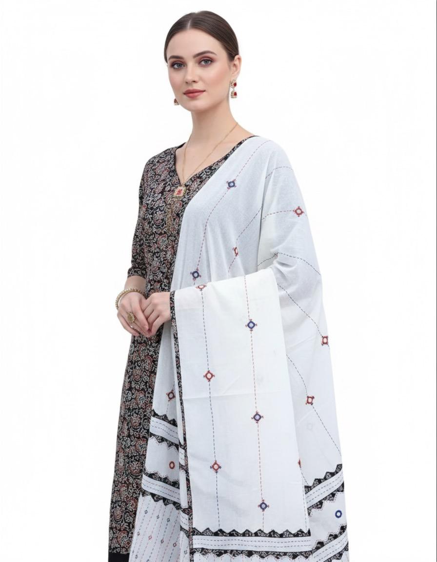 BLACK FLORAL PRINT COTTON UNSTITCHED SUIT