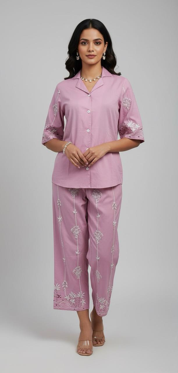 COTTON CO-ORD SET WITH DETAILING OF MACHINE EMBROIDERY