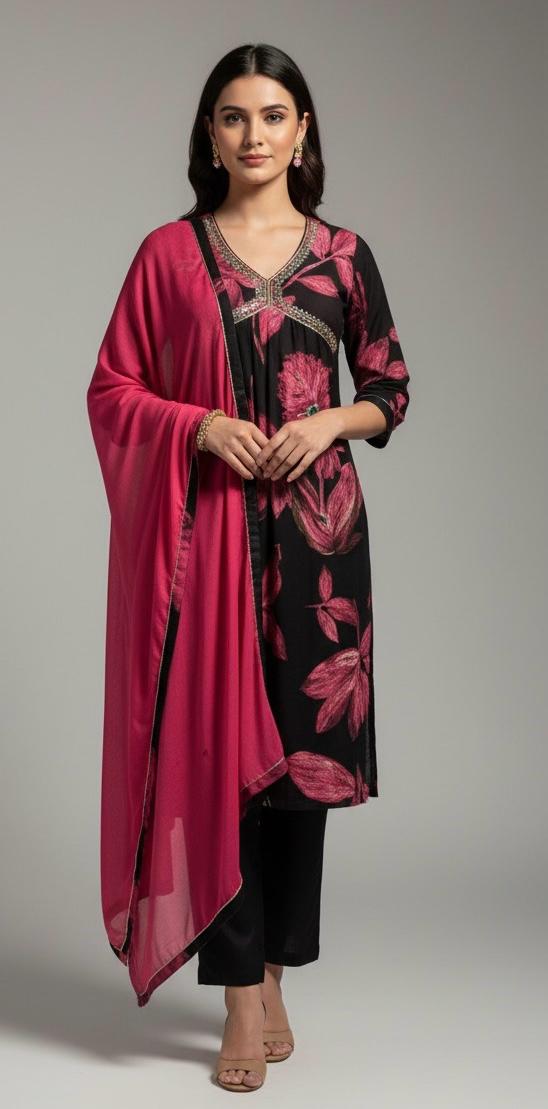 CHINNON FLORAL PRINT KURTI WITH STRAIGHT PANTS