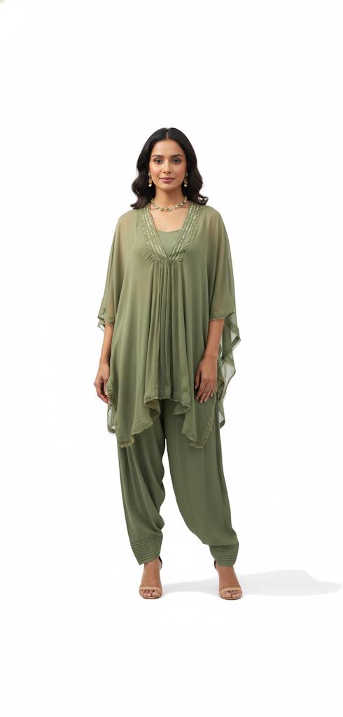 CHINNON  DOUBLE SHADED CAPE WITH CROP TOP AND TULIP PANTS