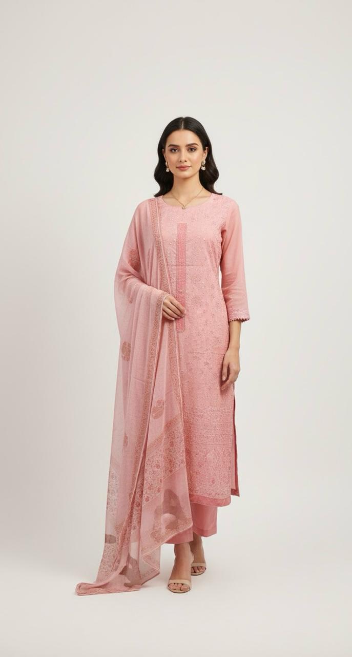 CORAL PINK MACHINE EMBROIDER UNSTITCHED COTTON SUIT