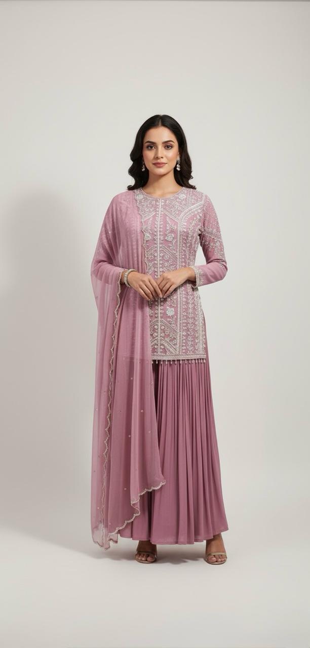 CHINNON HIGH NECK KURTI AND PLEATED FLARED PANTS