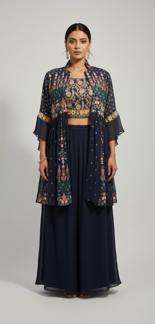 GEORGETTE CROP TOP AND PALLAZO WITH JACKET