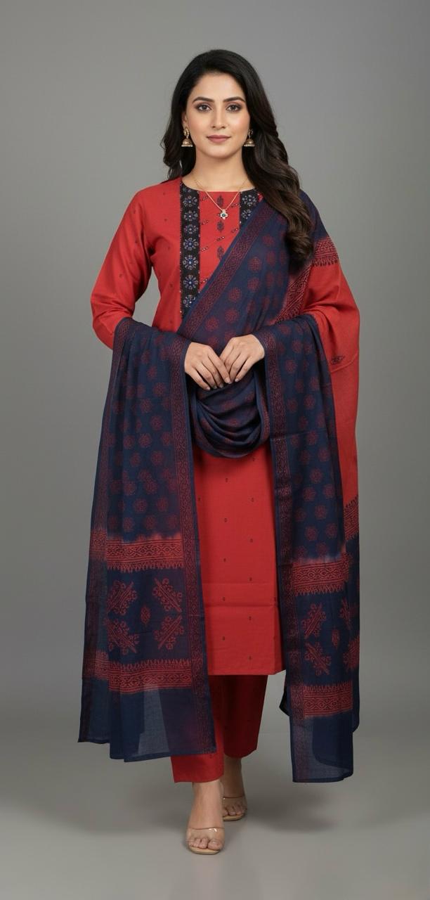 COTTON SUIT WITH BLOCK PRINT YOKE