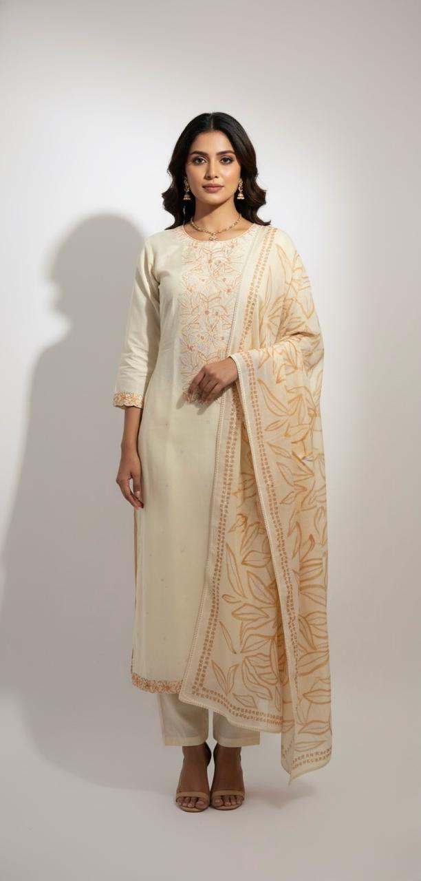 GREY PRINTED UNSTITCHED COTTON SUIT WITH MUSLIN DUPATTA