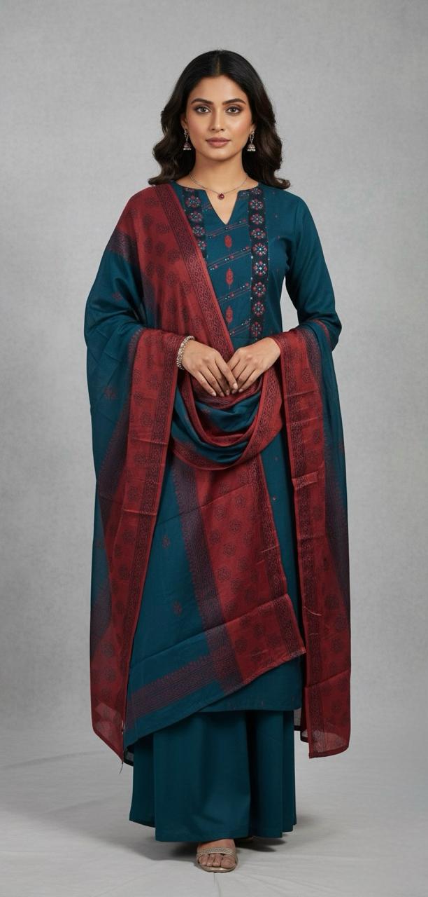 COTTON SUIT WITH BLOCK PRINT YOKE