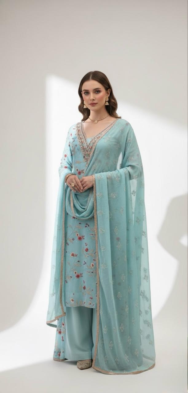 GEORGETTE SUIT WITH FULL HAND AND MACHINE EMBROIDERY