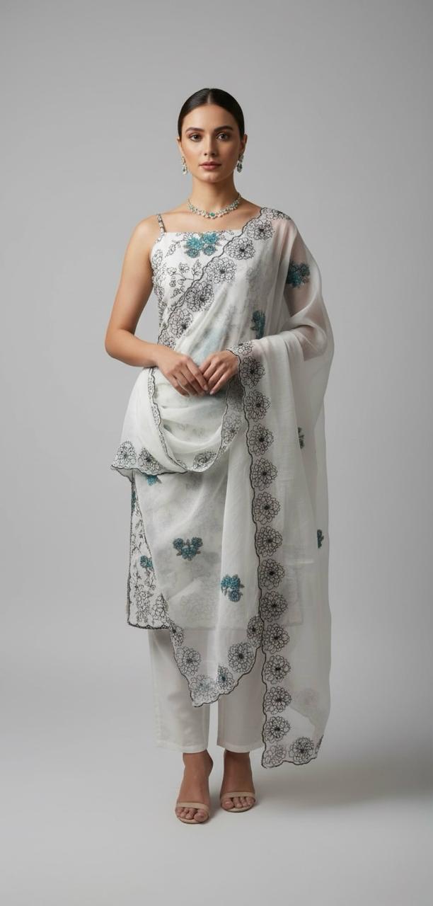 CRUSH TISSUE UNSTITCH SUIT HIGHLIGHT WITH MACHINE EMBROIDERY