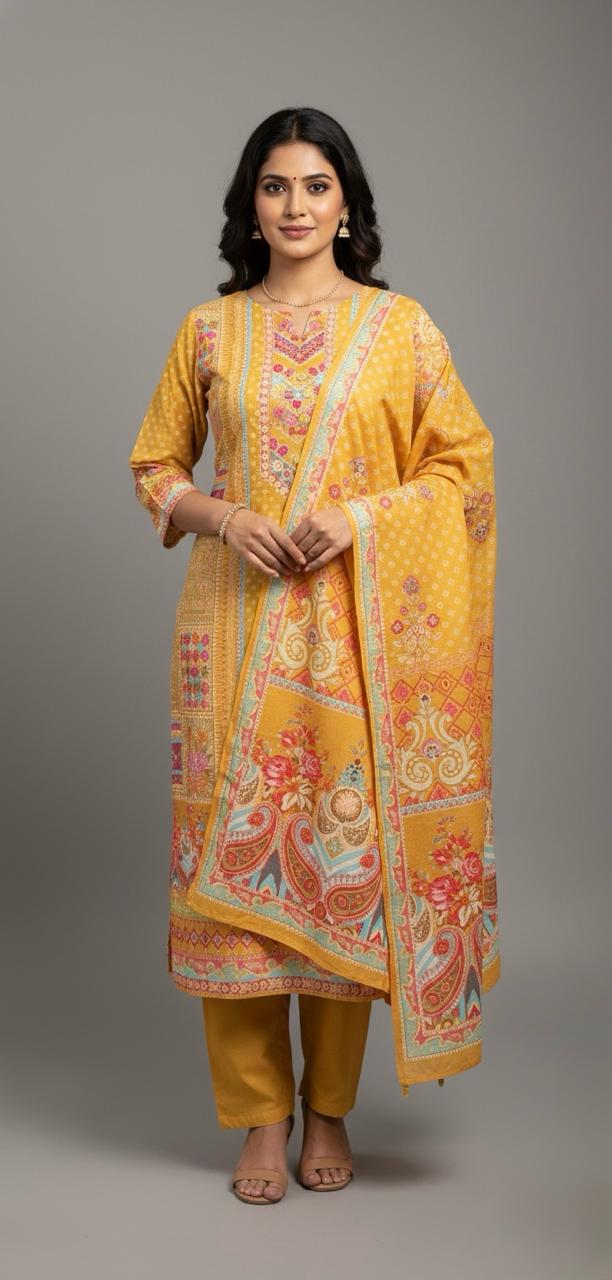 MUSLIN SUIT WITH MULTIPLE PRINTS