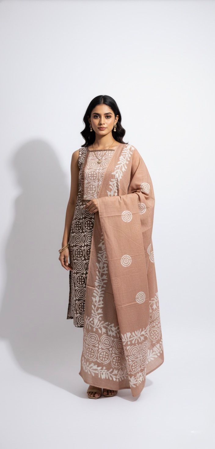 MUD BROWN BATIK PRINT COTTON UNSTITCHED SUIT