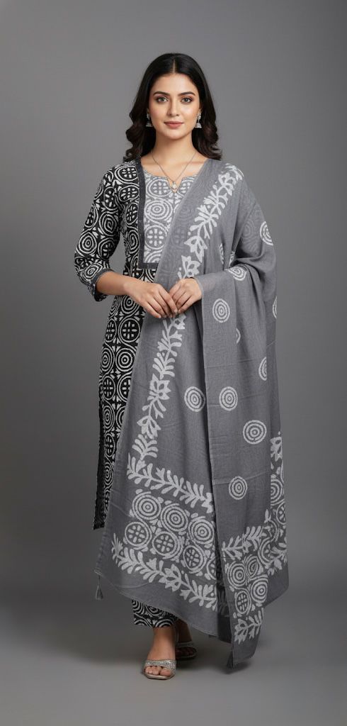 GREY BATIK PRINT COTTON UNSTITCHED SUIT