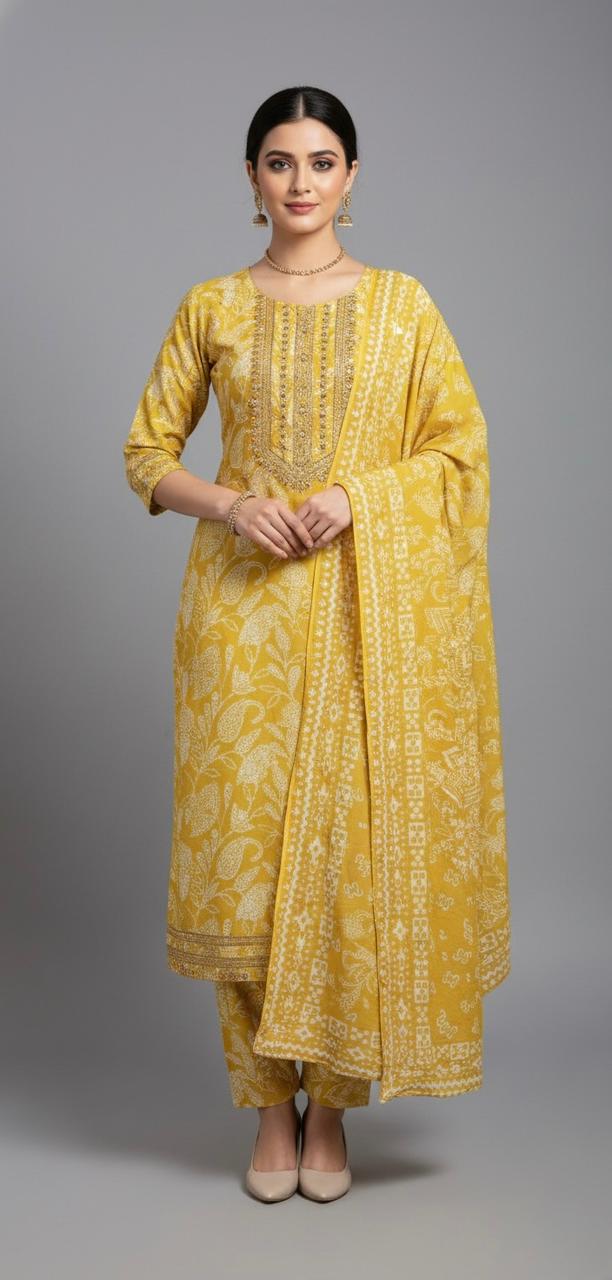 MUSTARD YELLOW MACHINE EMBROIDERY COTTON UNSTITCHED SUIT