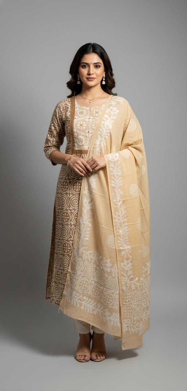 OCCURE YELLOW BATIK PRINT COTTON UNSTITCHED SUIT