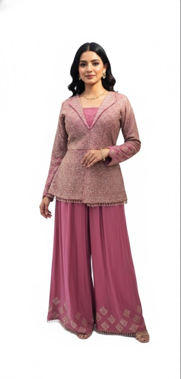 NATURAL CRAPE PEPLUM TOP WITH FLAIR PANT