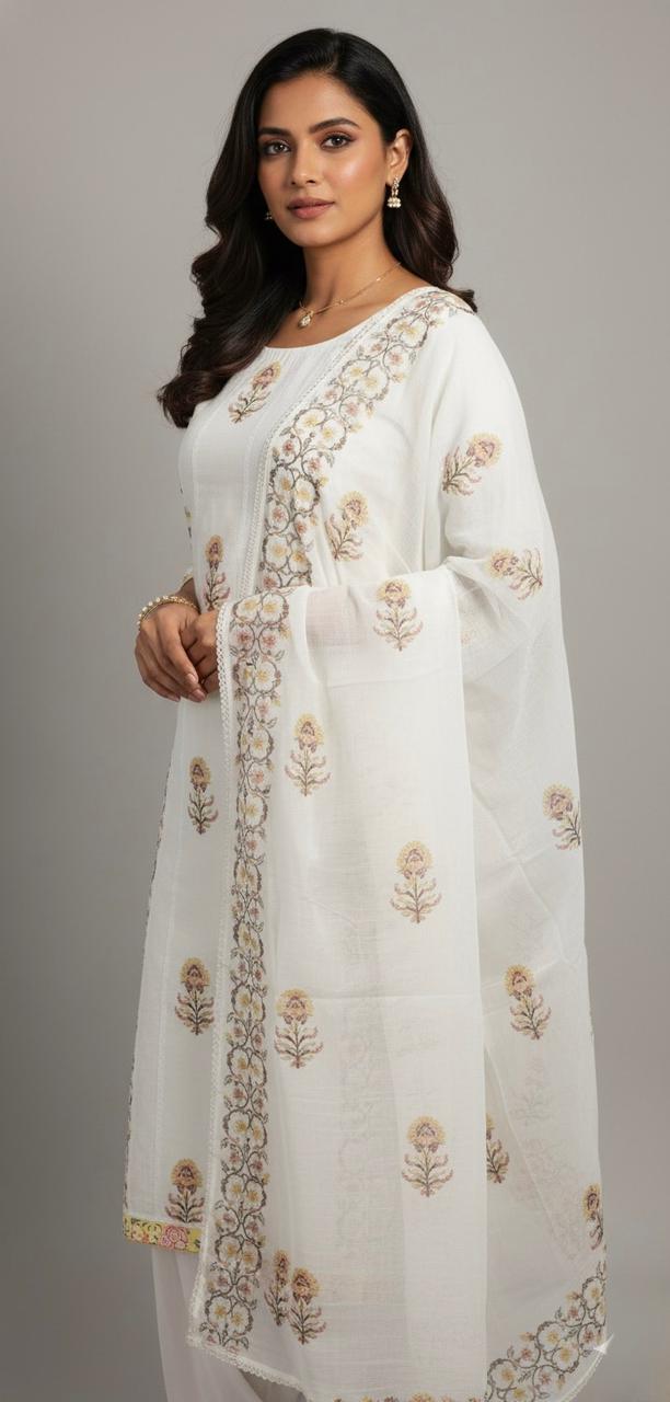 OFF WHITE MACHINE THREAD EMBROIDER UNSTITCH SUIT