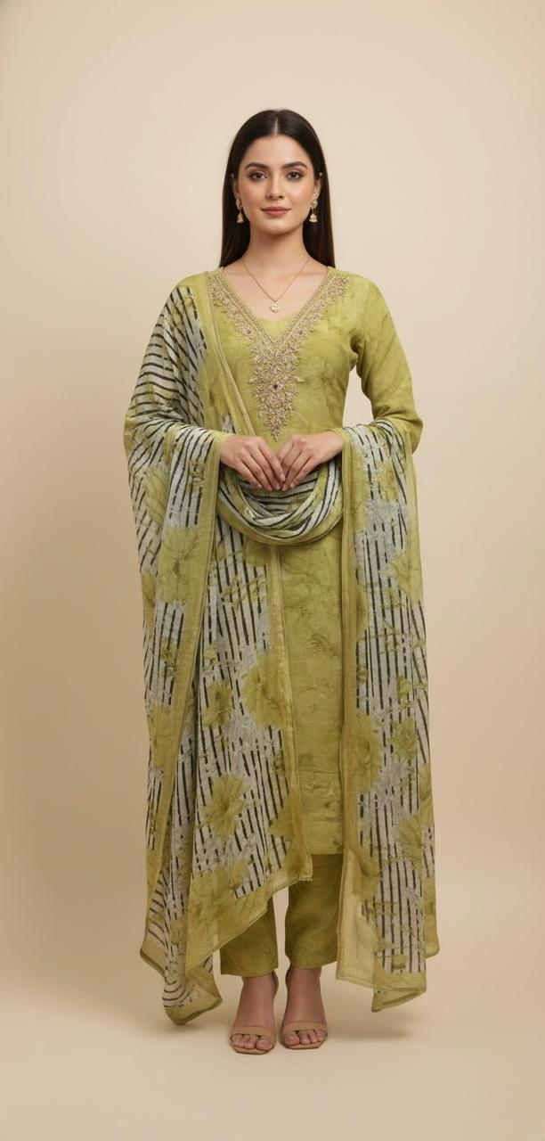 ORGANZA PRINTED UNSTITCH SUIT ADORNED WITH HAND EMBROIDERY