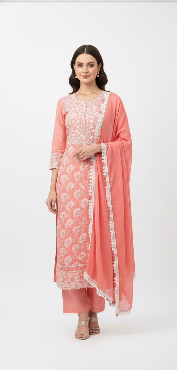 PEACH EMBROIDER COTTON UNSTITCH SUIT