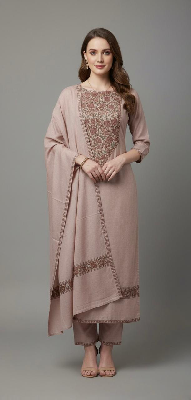 PASHMINA UNSTITCH SUIT,HIGHLIGHT WITH KASHMIRI THREAD EMBROIDERY
