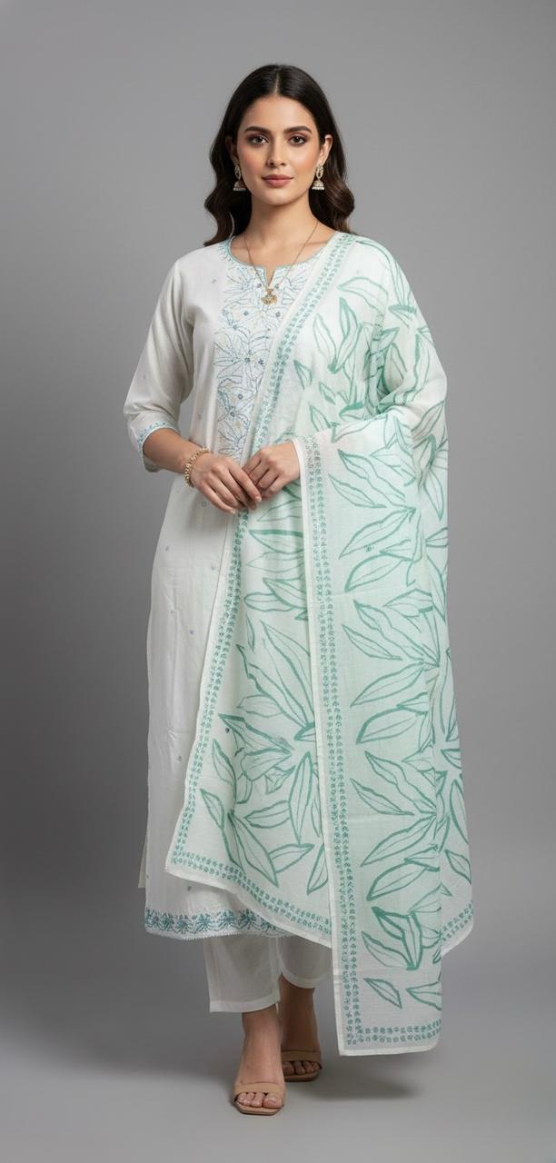 POWDER BLUE PRINTED UNSTITCHED COTTON SUIT WITH MUSLIN DUPATTA