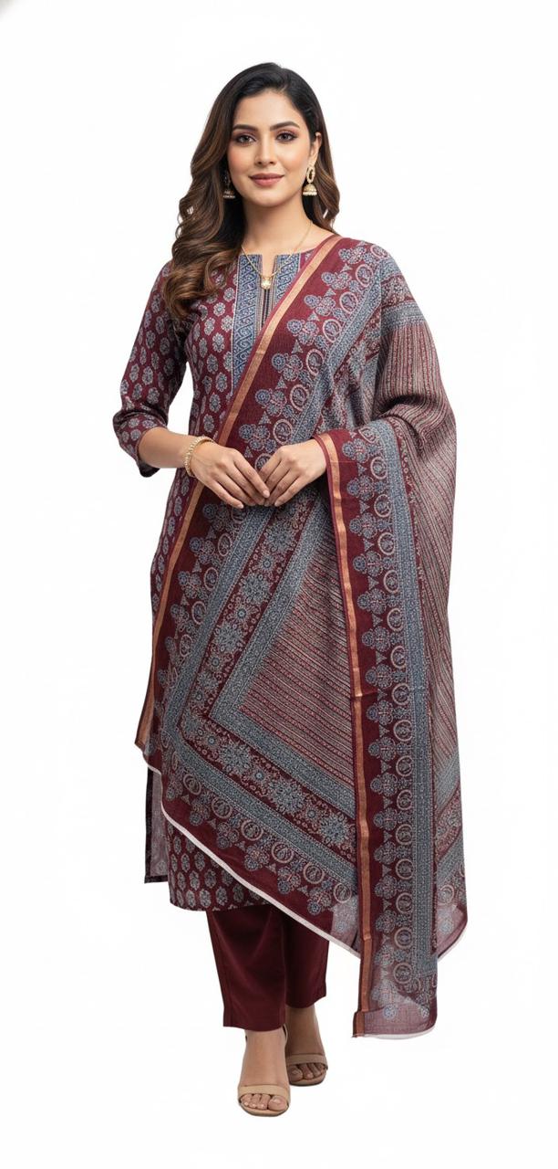 RED BLOCK PRINT COTTON UNSTITCHED SUIT