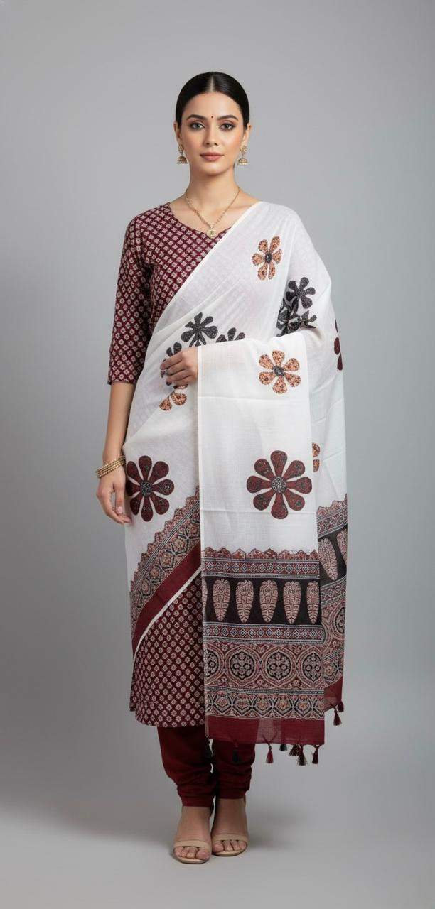 RED FLORAL PRINT COTTON UNSTITCHED SUIT