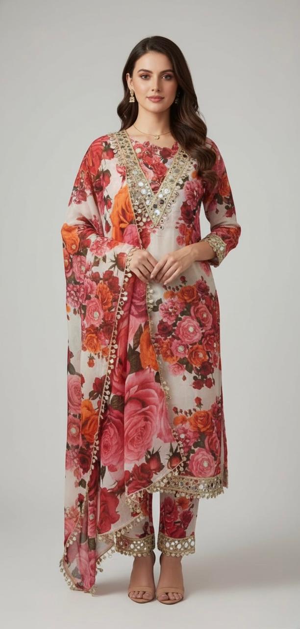 SEMI SILK UNSTITCH SUIT ADORNED WITH MIRROR WORK