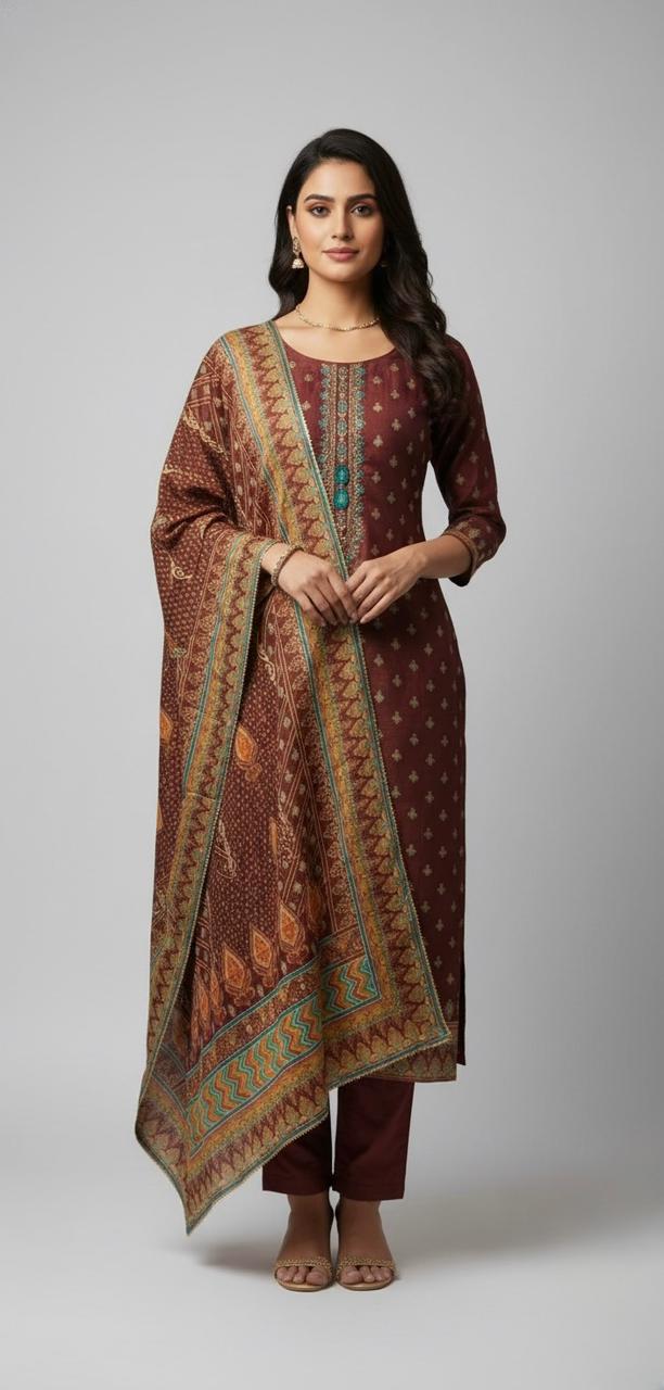 TISSUE SUIT WITH HAND EMBROIDER AND FLORAL PRINT KURTI