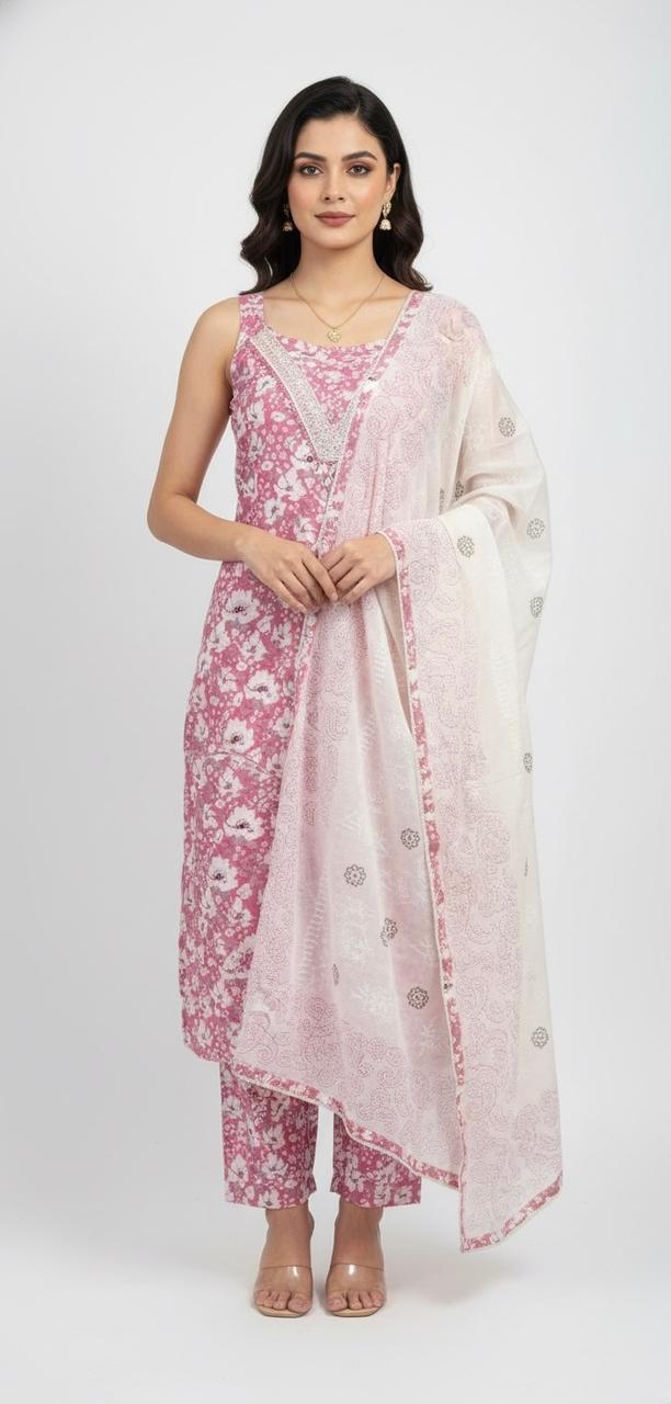 PINK V NECK EMBROIDER COTTON UNSTITCHED SUIT