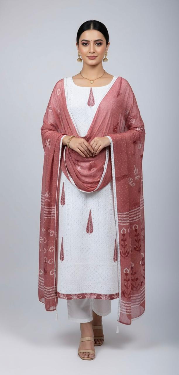 WHITE HAKOBA COTTON UNSTITCH SUIT
