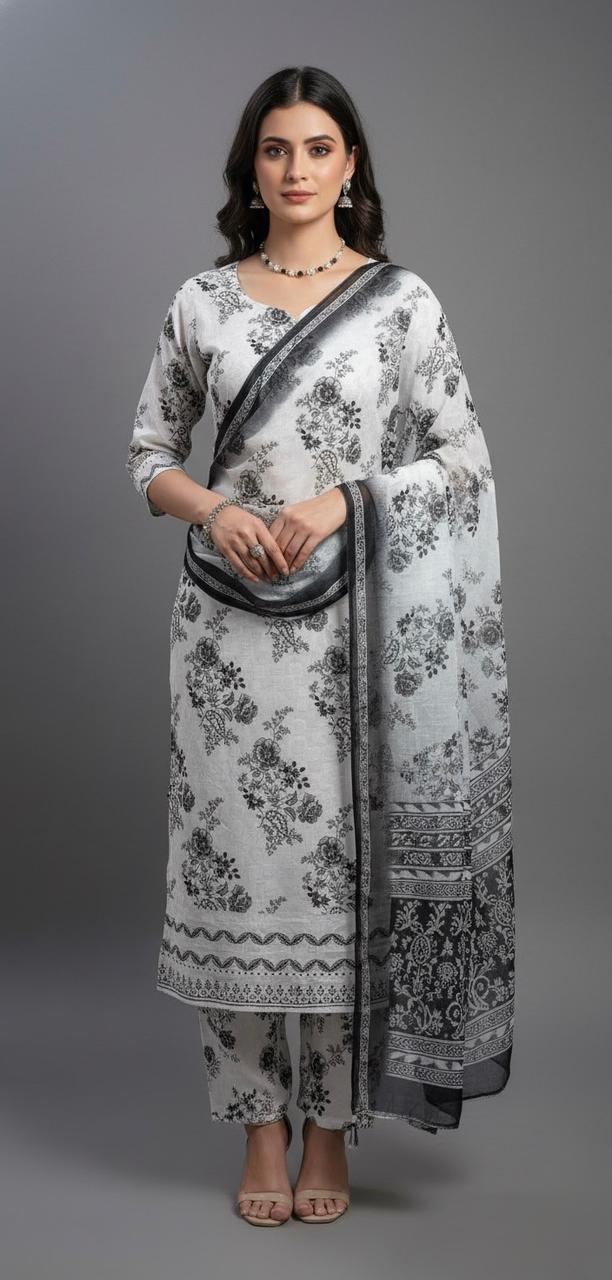 WHITE MACHINE EMBROIDER UNSTITCH SUIT