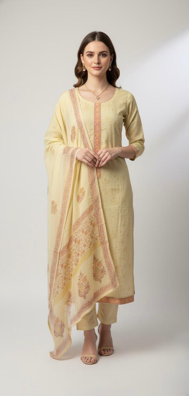 YELLOW MACHINE EMBROIDER UNSTITCHED COTTON SUIT